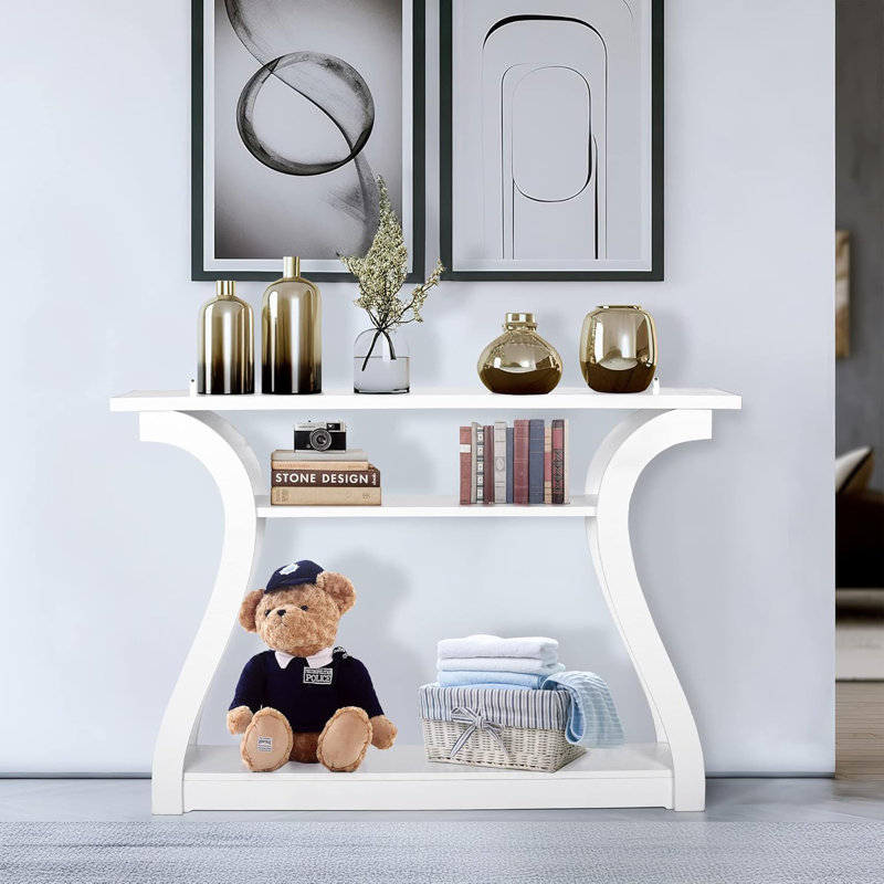 Wood Console Table With Curved Legs And Shelf 3 Tier Modern Accent Sofa Table For Entryway Living Room Hallway 47 In Wide Easy Assembly White